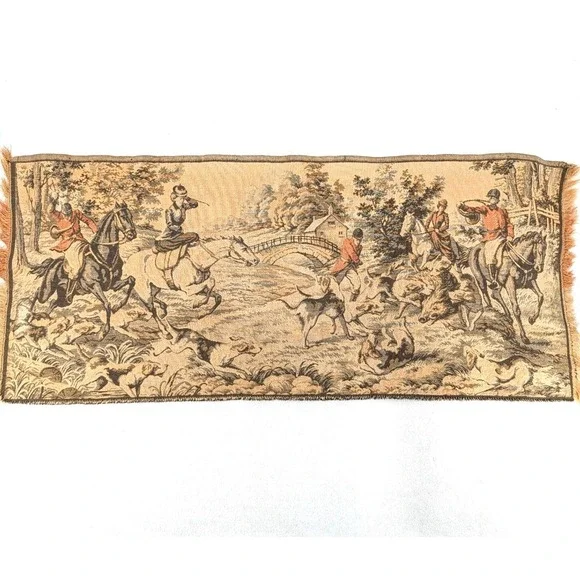 Belgian Vintage Fox Hunt Woven Tapestry Equestrian‎ Wall Hanging 45x19