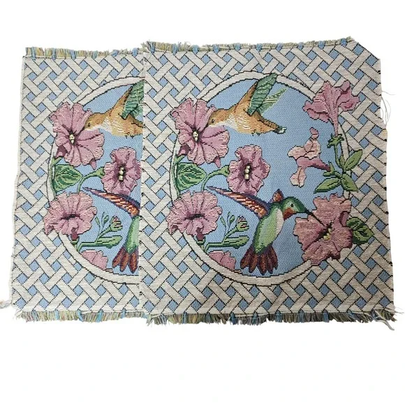 Vintage 90s Hummingbird Floral‎ Tapestry Woven Textile Panel Cottagecore Decor