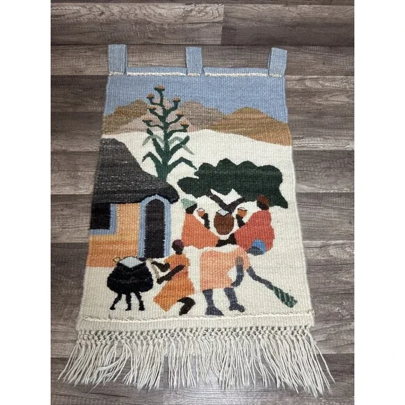 Vintage  Hand Woven Moteng Weavers Wool Tapestry Kilim Beautiful Wall Hanging