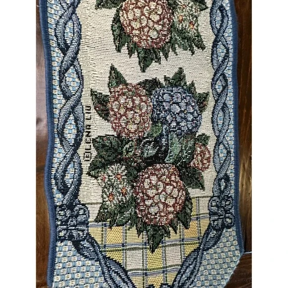 Floral Tapestry Wall Hanging Vertical Blue Tassel Wooden Dowel 48 in