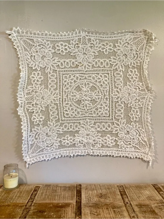 White Crochet Square Tablecloth Doily Boho Lace Decor