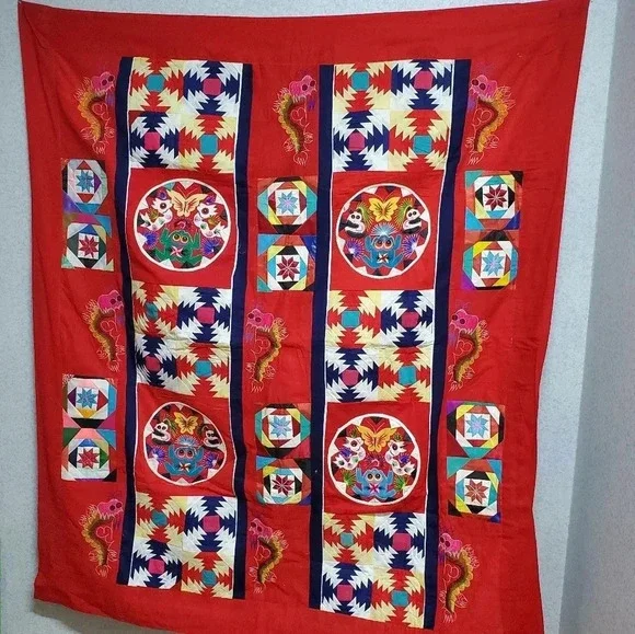 Handmade Red Asian like Symmetrical Tapestry