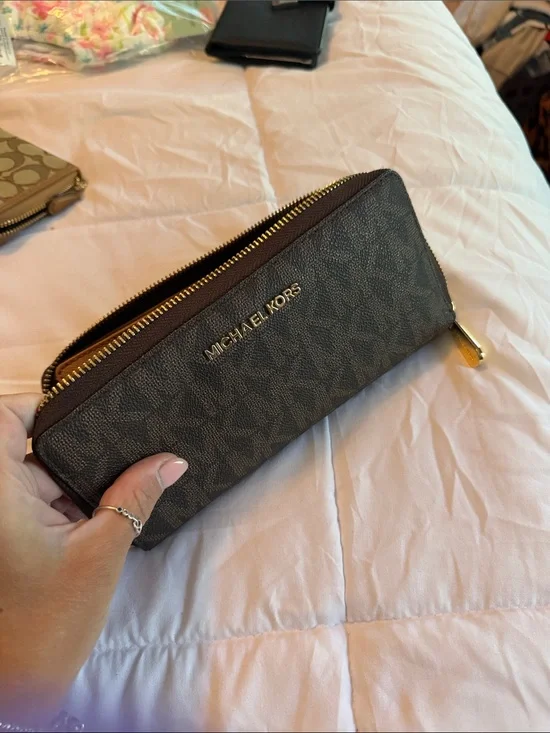 Michael Kors Brown MK Logo Zip Card Holder with Gold Hardware