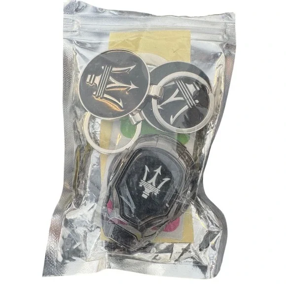Maserati Logo Keychain and Ignition Button Cover Set Black Silver 3 Piece