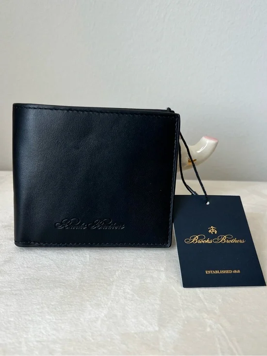 Brooks Brothers Black Leather Wallet with Embossed Logo NEW!!!