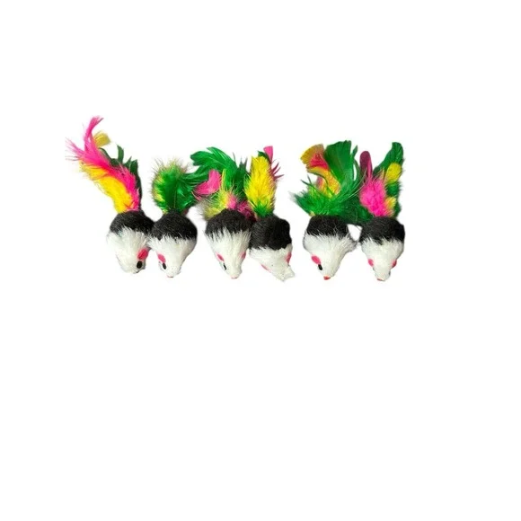 New Lot of 6 Cat Toy Mice with Colorful Feather Tails Black White Mouse Toy