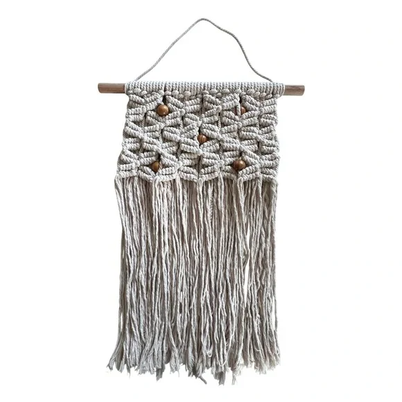 Large Macrame Wall Hanging Boho Wooden Bead Fringe Natural Decor Textile Art