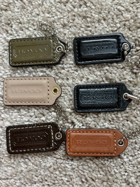 Coach Leather Key Tag Set in Olive, Black, Cream, Dark Brown, and Tan