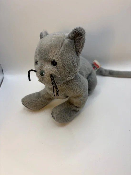 GANZ Gray Plush Cat Toy with Black Whiskers and Eyes