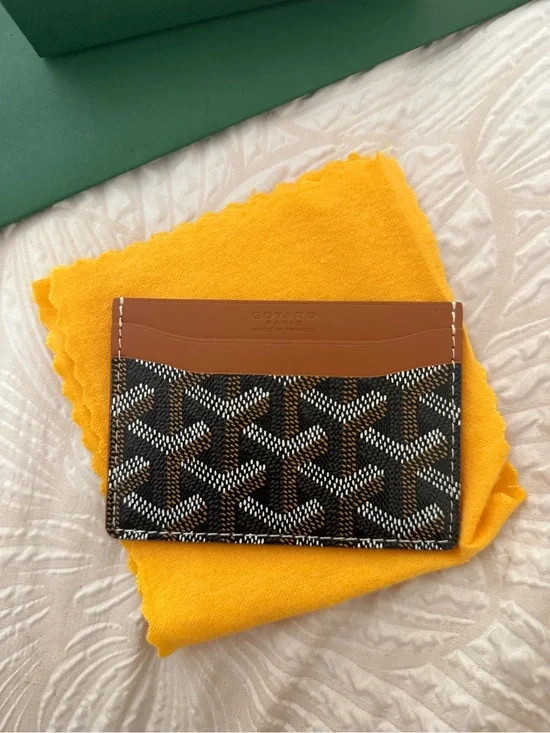 Goyard Brown & Black Patterned Canvas Card Holder with Tan Leather