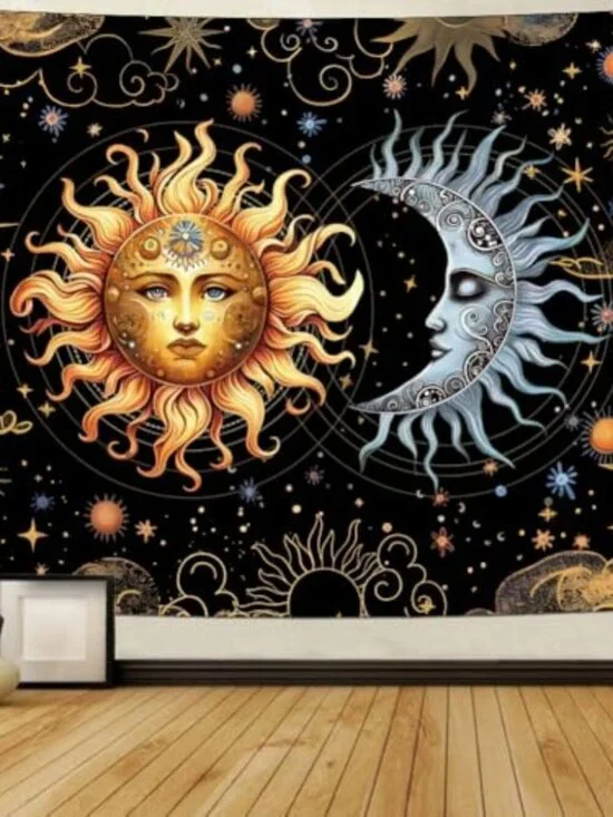 BRAND NEW Sun and Moon Tapestry Boho Black Golden Tapestries 59.1