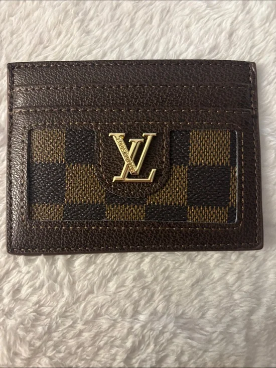 Brand New !! FASHION Brown Damier Card Holder with Gold LV Emblem