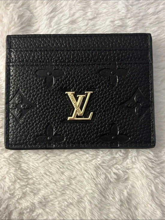 Brand New !! FASHION Black Embossed Monogram Card Holder with Gold LV Emblem