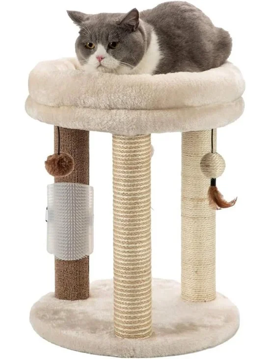 Cozy 4-in-1 Cat Tree with Scratching Post, Soft Bed, Toys & Massage Brush