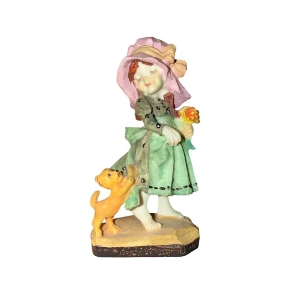 Vintage Sarah Kay‎ Take Me Along Girl with Cat Figurine Hand-Painted 4.5 in