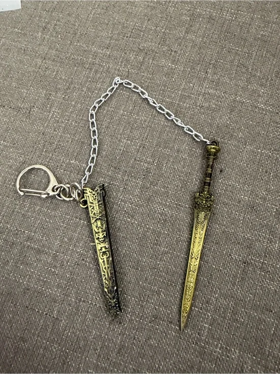 Ornate Mini Sword & Sheath Keychain Antique Gold Medieval Fantasy