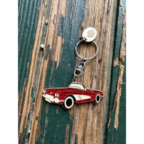 Vintage Red Glitter Enamel 1958 Corvette Car Keychain Retro Classic Auto Gift
