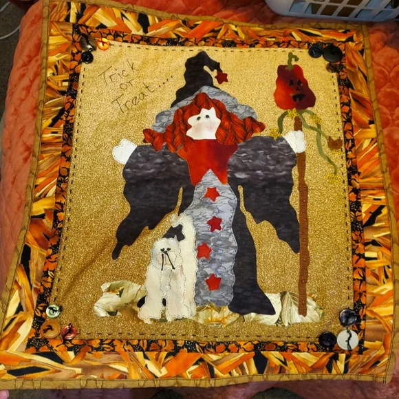 Trick or Treat Wall Quilt Witch Cat Broom Halloween Wall Decoration
