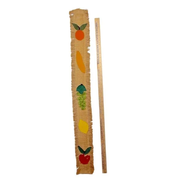 Vintage 70s Burlap Fruit Wall Hanging Yardstick Holder Ad Ruler Rustic Country