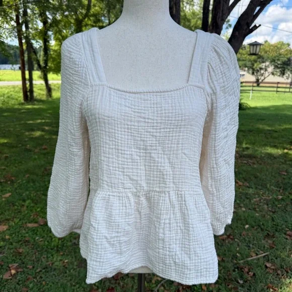 Madewell Women Cream Double Gauze Cotton Peplum Top Square Neck Long Sleeve M