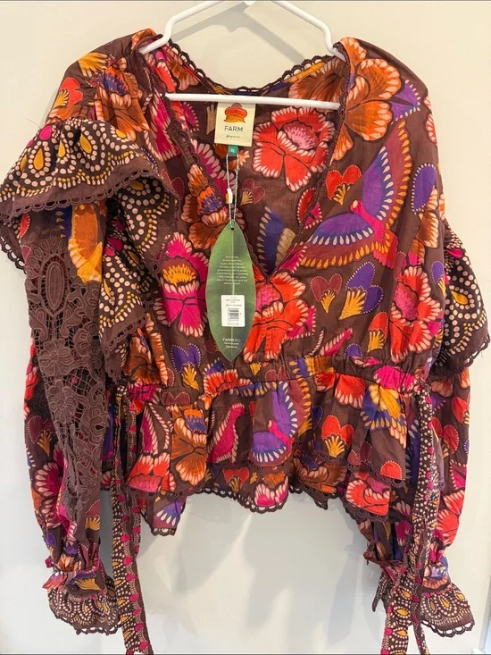 FARM Rio Bright Flora Brown Floral Peasant Blouse with Vibrant Accents