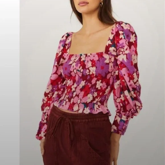Free People Ariana Floral Smocked Puff Sleeve Top Small