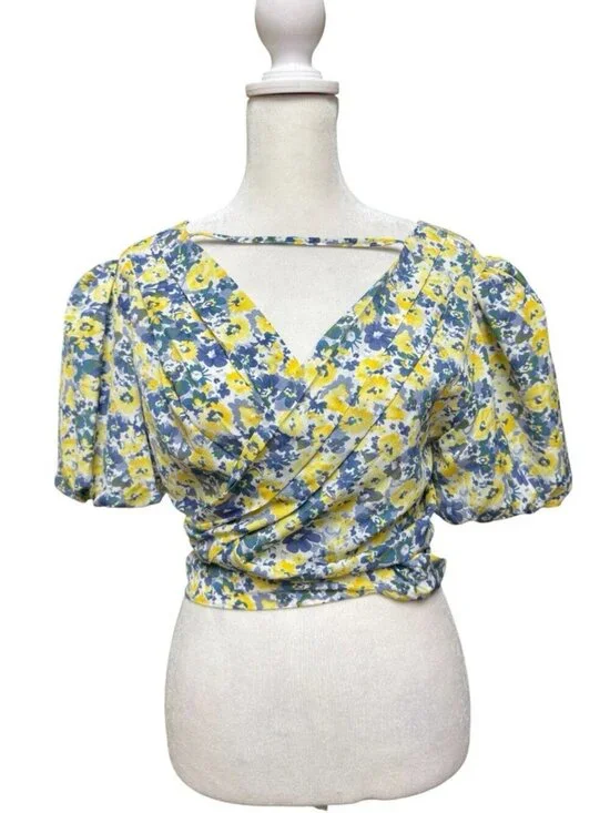 ASTR The Label Floral Crop Top Puff Sleeve Wrap Blue Yellow Size M