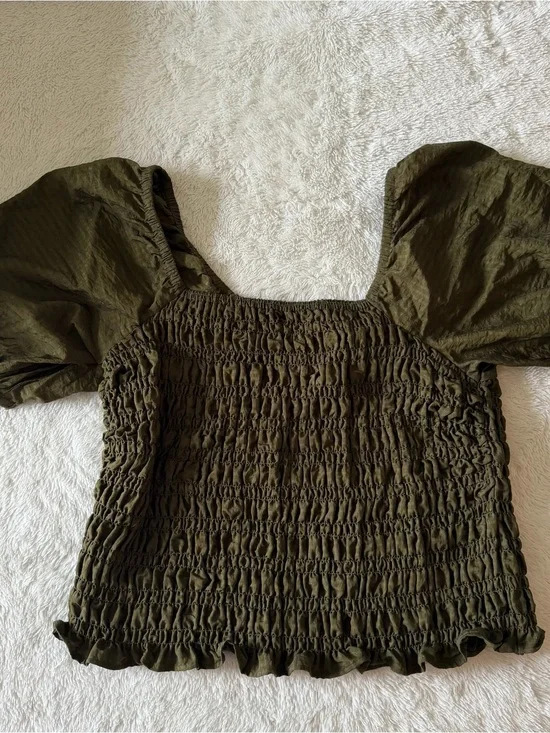 Old Navy Olive Green Smocked Puff-Sleeve Blouse