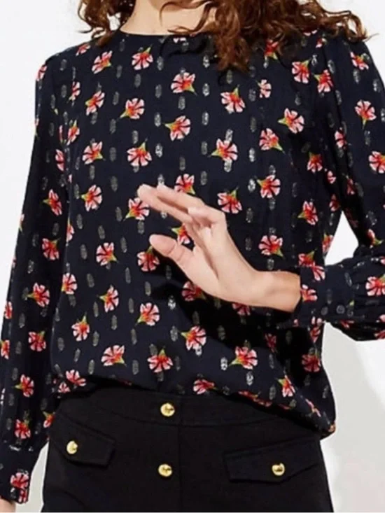 Loft Floral Print Long Puff Sleeve Blouse - Black