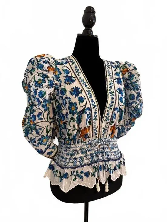 NWT Farm Rio Deep V 100% Organic Cotton Puff Sleeve Blouse Smocked Waist Large
