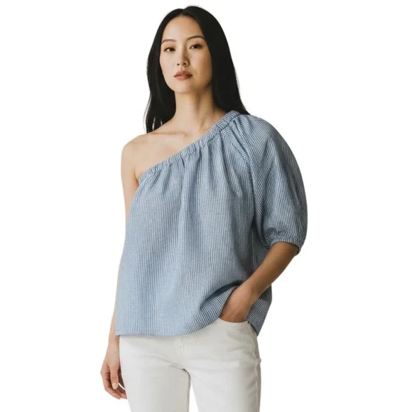 Loft Blue Stripe One Shoulder Top Medium Petite NWT Linen Blend Puff Sleeve