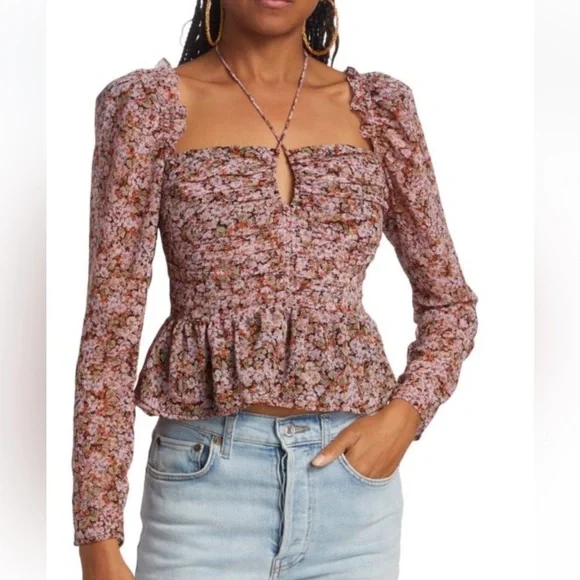 Astr Pink Puff Sleeve Smocked Blouse. C7