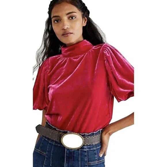 Free People Hot Pink Velvet Puff Sleeve Mock Neck Tee Women Small Luxe Romantic