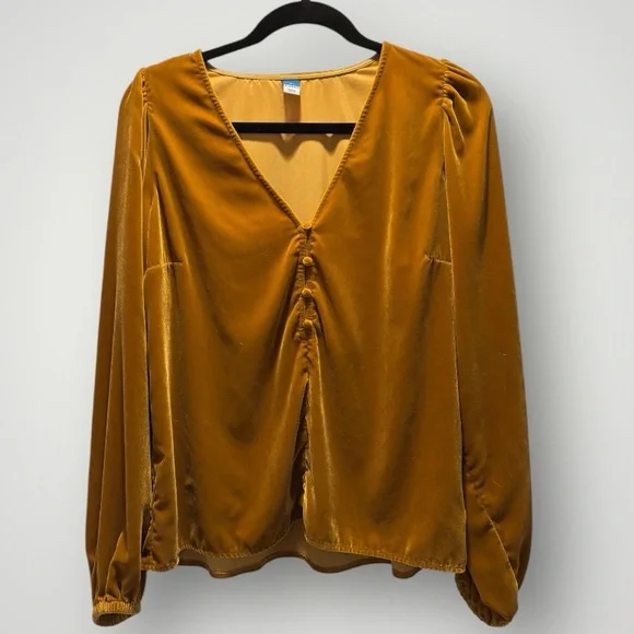 Old Navy Mustard Gold Romantic Velvet V-Neck Top Long Puff Sleeves Size M Tall