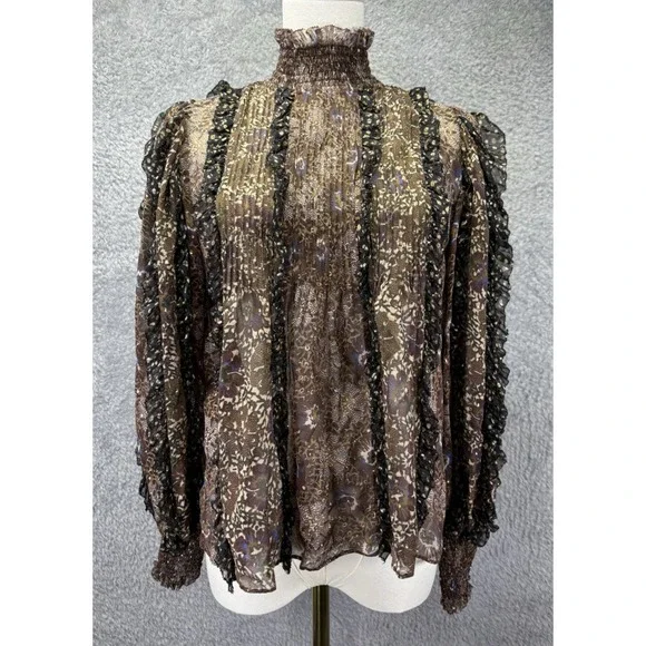 Ulla Johnson Womens 4 Silk Chiffon Blouse Metallic Floral Smocked Ruffle Boho