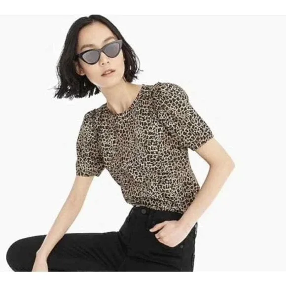 J Crew XS Leopard‎ Print Short Sleeve Top Cotton Puff Sleeve