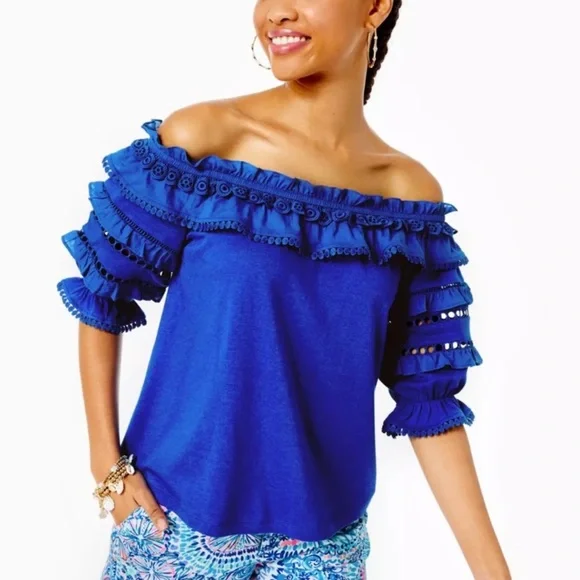 Lilly Pulitzer Brentwood Top in Blue Grotto $108 Puff‎ Sleeve Eyelet Size XS