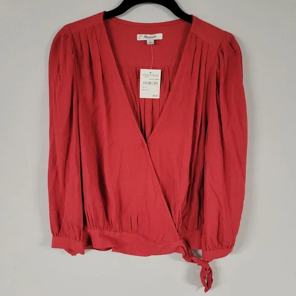 Madewell Women's Bright Ember Red Long Sleeve‎ Wrap Blouse Top Size S NWT