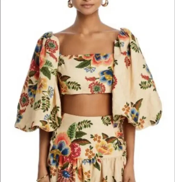 NWT FARM Rio Delicate Garden Crop Top Puff Sleeves XXS 2XS