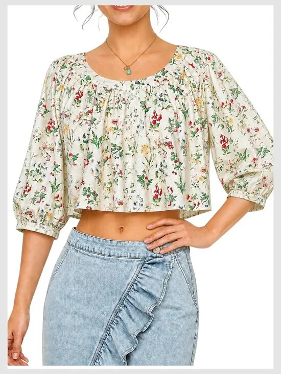 Tuckernuck Hyacinth House Floral Cropped Peasant Top with Puff Sleeves XS