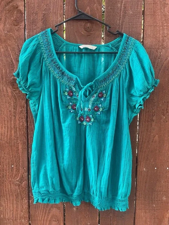 Old Navy 2011 Teal Cottagecore Y2k Gauzy Cotton Embroidered Blouse Sz M