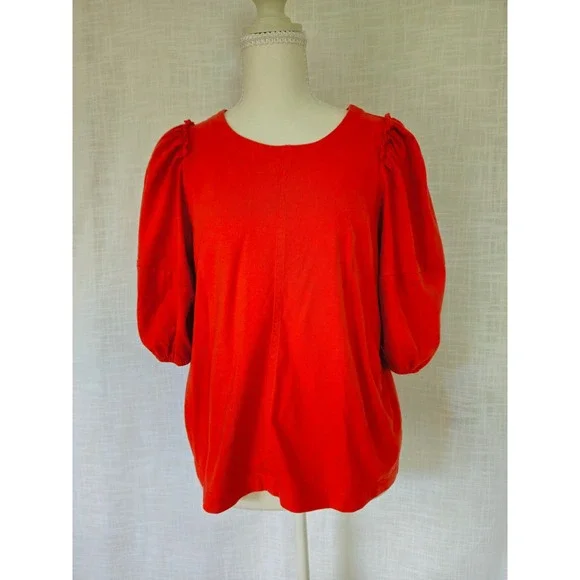 Madewell Puff Sleeve Top Women L Red Cotton Elbow Sleeve Tee Cottage Minimalist