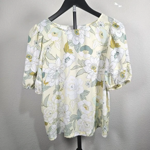 Loft Blouse Women SP Yellow Floral Puff Sleeve Scoop Neck Cottagecore Casual