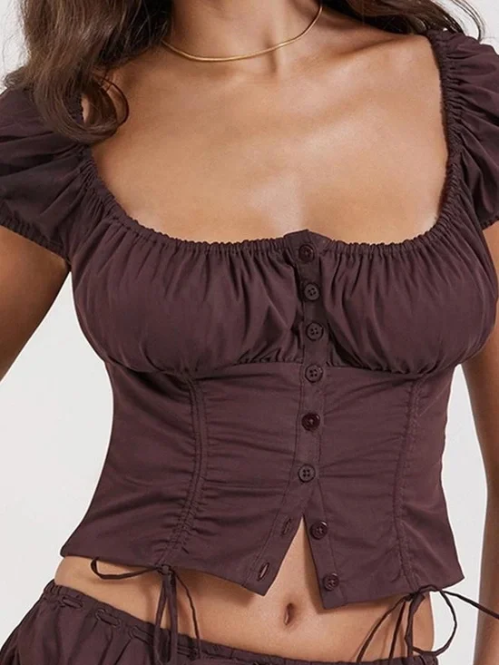 House of CB Chocolate Brown Square-Neck Button Front Top