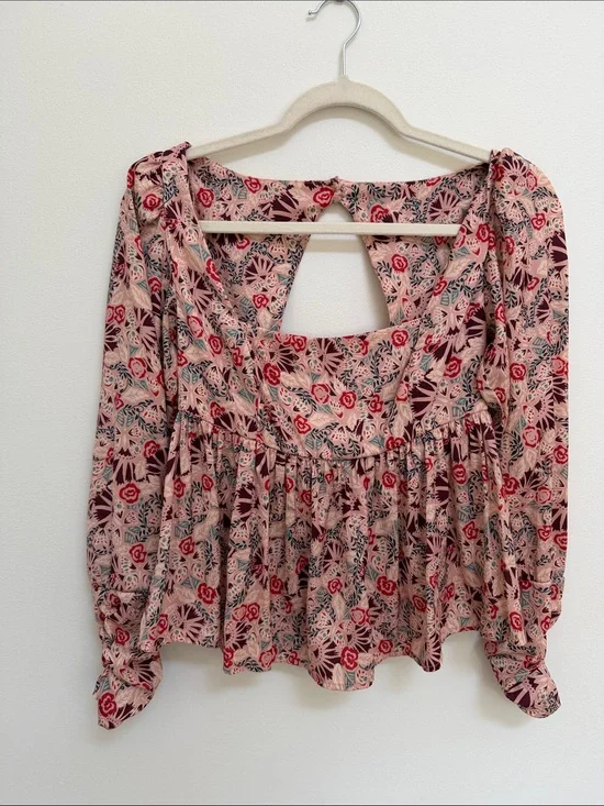 Free People Pink Floral Cutout Peasant Blouse