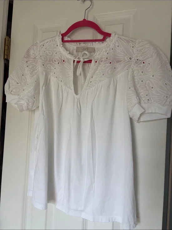 LOFT White Eyelet Tie-Neck Puff Sleeve Blouse
