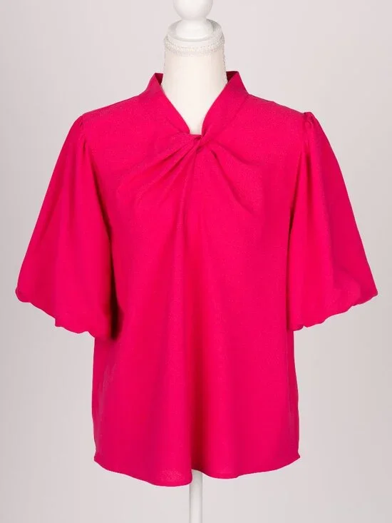 LOFT Fuchsia Pink Twist Neck Puff Sleeve Blouse Size M EUC Barbiecore Office