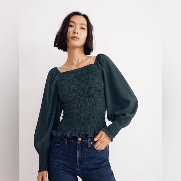 Madewell Lucie Bubble Sleeve Smocked Top in Dark Green
