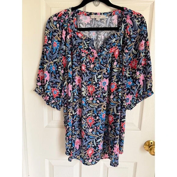 LOFT Womens XL Navy Blue Floral Paisley Split Neck Puff Sleeve Rayon Knit‎ Top