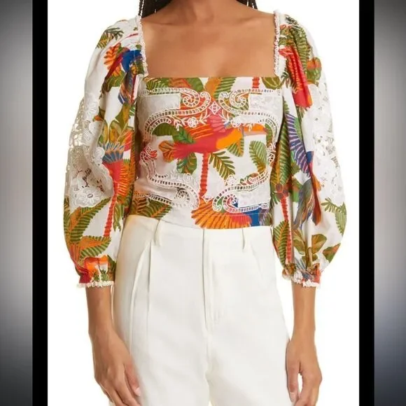 Farm Rio Forest Birds Smocked Embroidered Blouse size Small